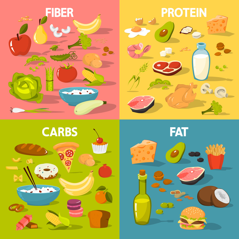 Frugt indeholder et højt antal fibre. Proteiner findes i kød og mælkeprodukter, men også i bl.a. avokadoer, broccoli og champignoner. Den store kulhydratsfare er brød - bl.a. pizza, kage og slik. Næsten alle fødevarer indeholder fedt, men typisk fås dette fra fast food, mejeriprodukter, nødder og lign,